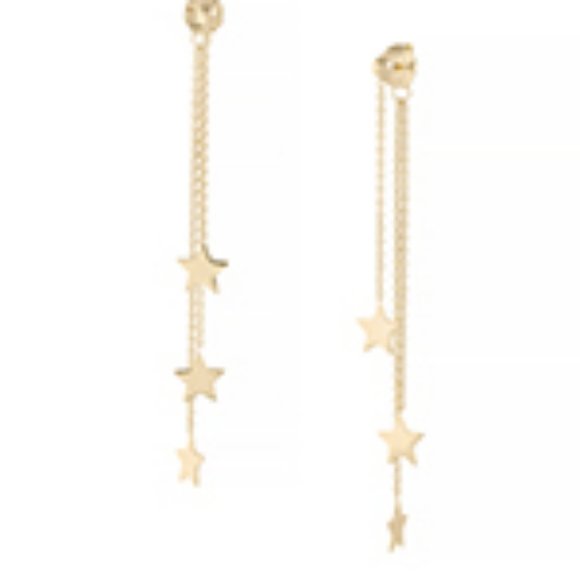 14K Solid Gold Triple Strand Dangle Stars Earrings - Picture 2 of 6